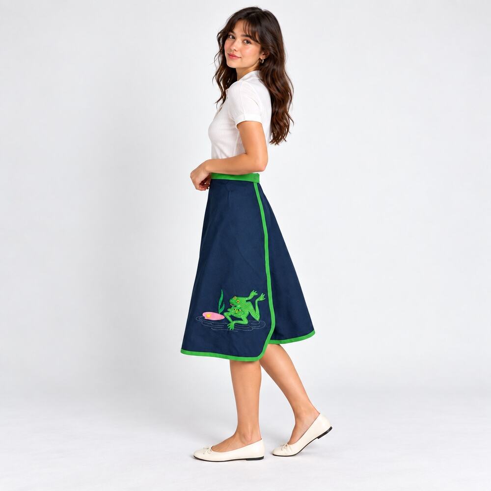 Vintage Preppy Frog Applique Skirt Girls 10/12 Women’s XXS Navy Green